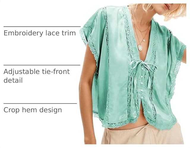 Women Boho Crop Lace Tie Front Tank Summer Vacation Top Button Down Short Sleeve Beach Shirt Y2k Tops Clothes 2026 thumbnail 4