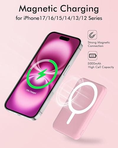 podoru for Magsafe Battery Pack, 5000mAh Magnetic Power Bank with Type-C Cable 20W PD Fast Charging Lighting Input Wireless Portable Charger for iPhone 17/16/15/14/13/12/ All Series-Pink thumbnail 3