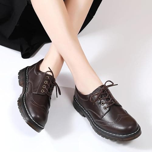 Women's Vintage Oxford Shoe,Perforated Lace-up Round Toe Leather Low Heel Brogues Shoe for Girls Ladies Women - 6.5 - Brown thumbnail 2