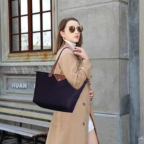 BOJLY Tote Bags for Women Stylish Waterproof Nylon Ladies Shoulder Bag Top Handle Handbag Folding Beach Travel Bag for Work,Shopping, School - Deep Purple - S thumbnail 5