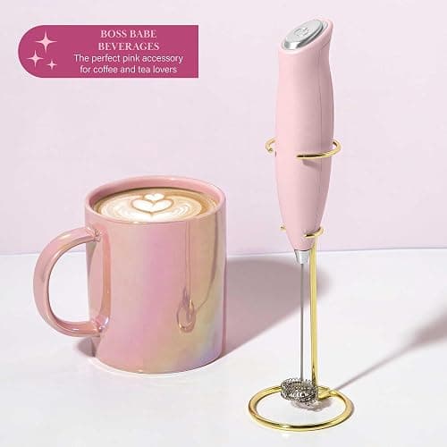 Paris Hilton Electric Handheld Milk Frother with Double Coil Head Whisk and Gold Metal Stand, Battery Powered (2 AA Batteries Required but Not Included), Pink thumbnail 6