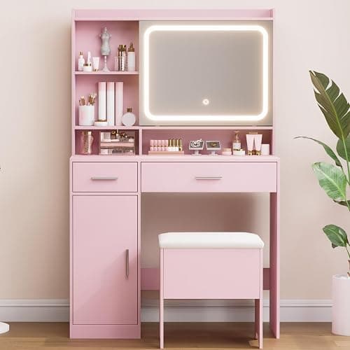 Hogxp Vanity Desk with Sliding Mirror & Power Outlets - Dimmable LED Lighting, 4 Open Shelves, 2 Drawers, 1Storage Cabinet & Padded Stool - Ideal Bedroom Makeup Dressing Table （Pink） thumbnail 6