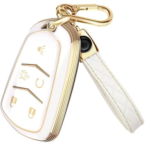 Lucrum Compatible with Cadillac Escalade Key Fob Cover & Leather Keychain, 5 Buttons Keyfob Case for ATS CTS CT6 SRX XT4 XT5 XT6 - (2015-2023) - White and Gold - Image 1