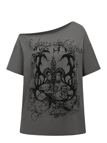 RoseSeek Women's Off The Shoulder Tops Gothic Graphic Tee Y2k Grunge Vintage Oversized T Shirts Trendy Outfits - Image 1