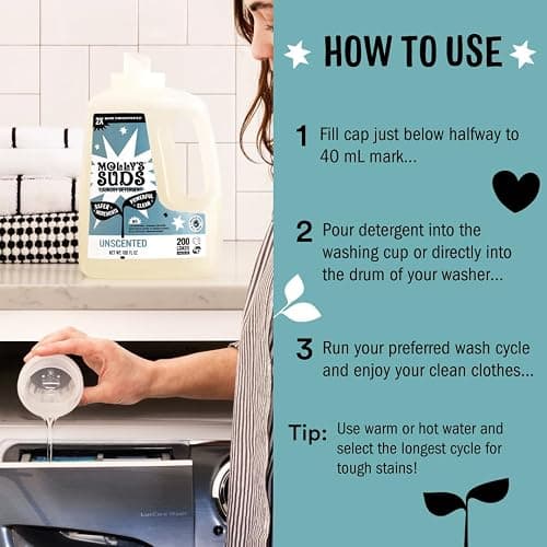 Molly's Suds Liquid Laundry Detergent | Clean Laundry Detergent Soap for Sensitive Skin | 2x Concentrated, High Efficiency (HE) | Unscented - 100 Loads thumbnail 5