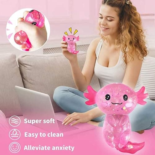 Glitter Axolotls Squishies Toy, Stretchy Axolotls Stress Ball, Soft Squeeze Sensory Fidget Toys for Kids Adults, Cute Easter Basket Stuffers Party Favors Classroom Prizes （Pink） thumbnail 4