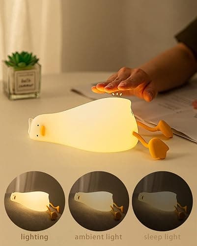 HAPPYBAG LED Lying Flat Duck Night Light, 3 Level Dimmable Nursery Nightlight,Cute Lamps Silicone Squishy Light Up Duck,Rechargeable Bedside Touch Lamp for Breastfeeding Toddler Baby Kids Decor thumbnail 2