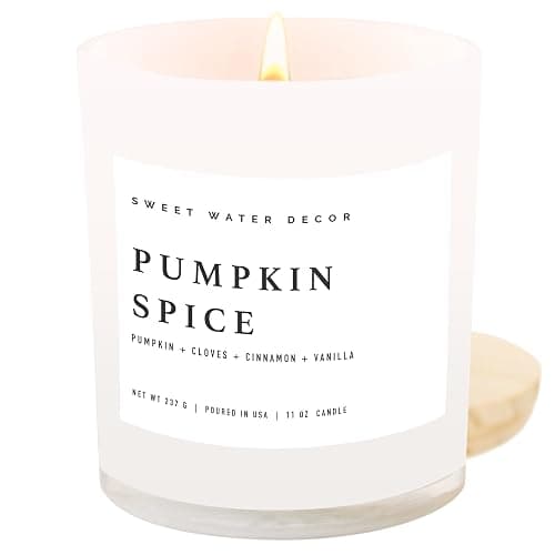 Sweet Water Decor Pumpkin Spice Candle - Fall Candles with Pumpkin, Clover, Cinnamon & Vanilla Scent for Home - Pumpkin Candle with 50 Hours Burn Time - 11Oz Wood Lid White Jar Soy Candles - Image 1