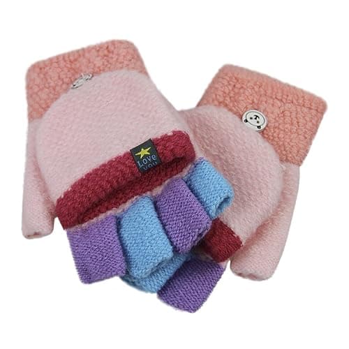 Cartoon Convertible Flip Top Gloves Toddler Kids Winter Wool Knit Fingerless Gloves with Mitten Cover for Girls Boys 2-15 Yrs - Image 1