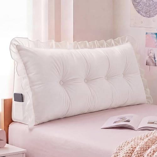 Leinuosen 39 in Ruffle Headboard Pillow for Dorm Twin XL College Bed Reading Bolster Dorm Velvet Triangular Bed Backrest Pillow Cushion for College Reading Support(White) - Image 1