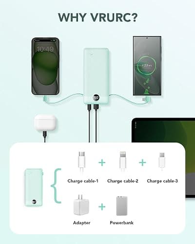 VRURC Portable Charger Built-in Cables and AC Wall Plug, USB C Power Bank 10000mAh, Travel Battery Portable Phone Charger Compact Lightweight External Battery Pack for Smart Phones, Tablets etc-Green thumbnail 4
