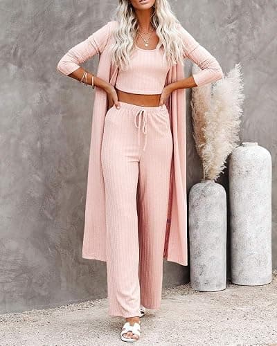 3 Piece Lounge Pajamas Sets for Women Airport Travel Vacation Outfits Spring Cardigan Matching Sleeveless Vest Pants Set thumbnail 2