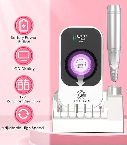 Portable Nail Drill Electric File: 40000RPM Professional Rechargeable Nail E-File Machine, Cordless Nail Drill with Bits & Base for Acrylic Nails Remove Nail Gel Polish Manicure for Salon Home, White thumbnail 2