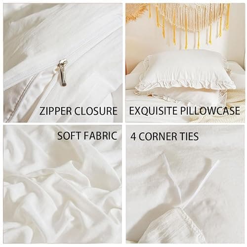 Koudi White Ruffled Shabby Chic Duvet Cover Set Queen Size Vintage Ruffle Fringe Comforter Cover Solid Color Farmhouse Rustic Bedding Set Soft Microfiber with Zipper Ties thumbnail 5