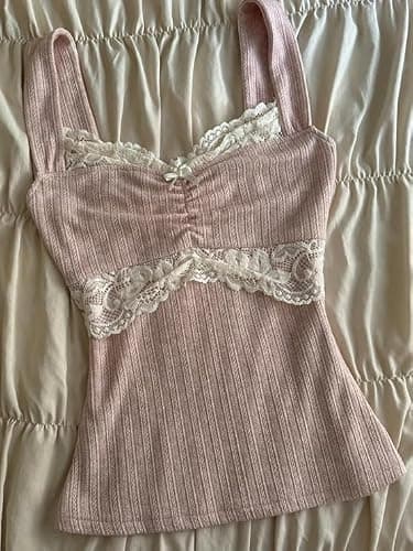 Women Fairy Grunge Coquette Tank Top Y2k Sleeveless Cute Vintage Lace Trim Camisole 2000s Teen Girls Crop Cami Shirt thumbnail 2