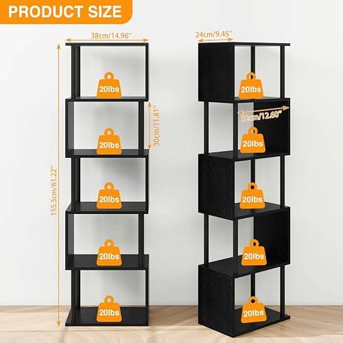 IBUYKE 6-Tier Tall Bookshelf,S-Shaped Geometric Bookcase, Wood Display Shelves with Storage,Modern Bookshelf for Living Room Bedroom, Home Office, Black WBC016B thumbnail 3