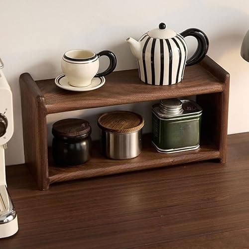 QDZC Organisateur de station à café sur comptoir, support à mugs en bois 2 niveaux, étagère de comptoir de cuisine pour accessoires de bar à thé et à café, support pour matcha brown - Image 1