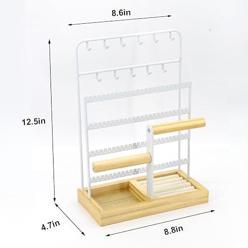 JONKASIPA Jewelry Holder Organizer Stand 4-Tier Necklace Stand Earring Holder with Wooden Tray, Jewelry Rack for Bracelets Watches and Rings Display Stand, Gifts for Women & Girls-White thumbnail 3