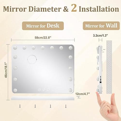 LZNIOZ Hollywood Vanity Mirror for Makeup: 58x48 cm - 3 Color Modes,15 Dimmable LED Bulbs,USB & TYPE-C Output Port,touch Screen, Tabletop or Wall Mounted for Women - Bedroom - 58L x 48W cm thumbnail 2