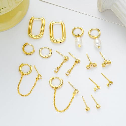 Gold Earrings Set for Women, 14K Gold Plated Stud and Cartilage Earring Sets for Multiple Piercing, Hypoallergenic Stackable Small Gold Huggie Hoop Earrings for Women Jewelry thumbnail 7