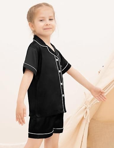 SWOMOG Kids Satin 2 Piece Pyjamas Sets Soft Short Sleeve Teen Girls Boys Sleepwear Button Down Top and Shorts Age 4-15 thumbnail 3