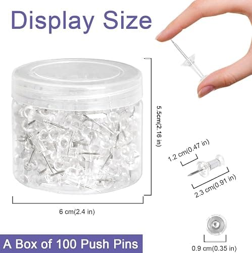 Amazon Basics Push Pins Tacks, Steel Point, Clear Plastic Head, for Bulletin Board, Maps, Posters, and Craft Projects, 100-Pack thumbnail 2