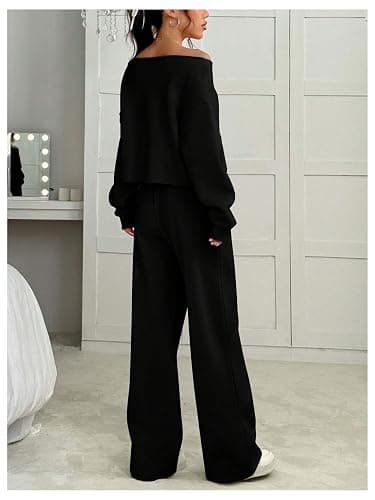 SOLY HUX Women's 2 Piece Outfits Fall Sweatsuits Off The Shoulder Crop Top Wide Leg Sweatpants Casual Matching Lounge Sets thumbnail 2