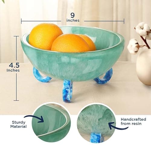 Folkulture Fruit Bowl for Kitchen Counter, 9" Resin Decorative Bowl, Centerpiece Table Decorations, Fruit Basket for Coffee Table Décor, Kitchen Counter Décor, Pedestal Bowl - 9" X 5" - Aqua Teal thumbnail 2