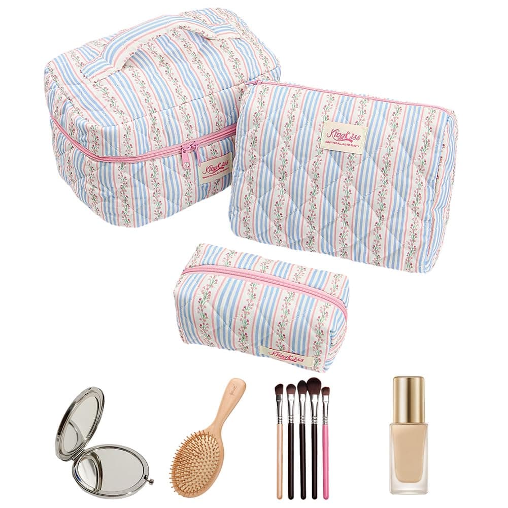 Quilted Makeup Bag Set for Girls Women - 3Pcs Cute Floral Cotton Makeup Bag, Large Aesthetic Floral Cosmetic Bags Coquette Flower Travel Toiletry Organizer for Daily thumbnail 8