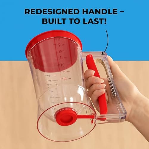 Pancake Batter Dispenser - Kitchen Must Have Tool for Perfect Pancakes, Cupcake, Waffle, Muffin Mix, Cake & Crepe - Easy Pour Baking Supplies for Griddle - Pancake Maker with Measuring Label (Red) thumbnail 7