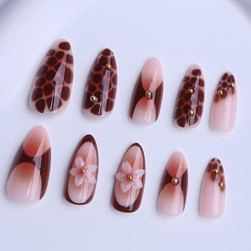 OCTOSWAVE Long Press on Nails Almond Fake Nails French Tip Artificial Nail with Flowers and Rhinestones Charm Stick on Nail for Women 24pcs thumbnail 3