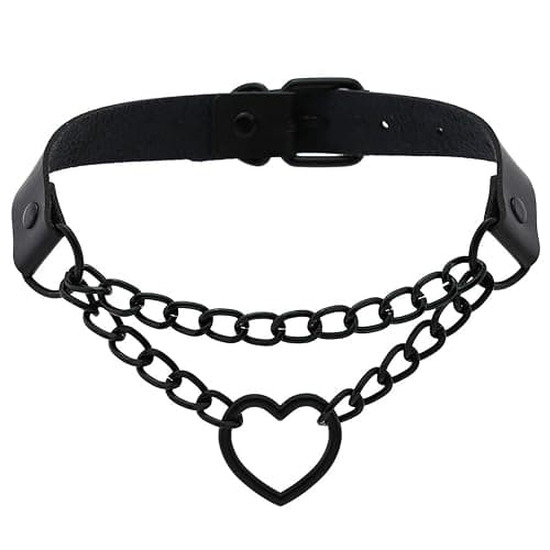 Tosmifairy Vintage Love Heart Black Leather Choker Collar and Leash Set Sexy Role-Play Emo Gothic Cospaly Accessories thumbnail 2