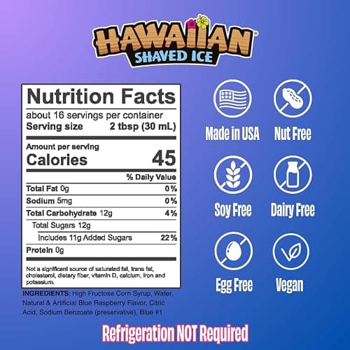 Hawaiian Shaved Ice Blue Raspberry Syrup - Made Nut Soy Dairy Free in the USA - Flavor Fluffy Shaved & Crunchy Snow Cone - Shelf Stable After Opening - Makes 8 Servings - 16 ounces thumbnail 2