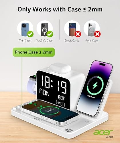 Acer 7-in-1 Wireless Charging Station with LED Clock - 30W Fast Wireless Charger for iPhone 16/15/14/13/12/Pro Max, Apple Watch, AirPods - Bluetooth Auto Time Sync & Night Lights (White) thumbnail 8