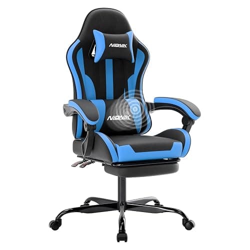 NIONIK Gaming Chair, Ergonomic Computer Chair with Footrest and Lumbar Support, Height Adjustable Game Chair with 360°-Swivel Seat and Headrest and for Office or Gaming BlackBlue - Image 1