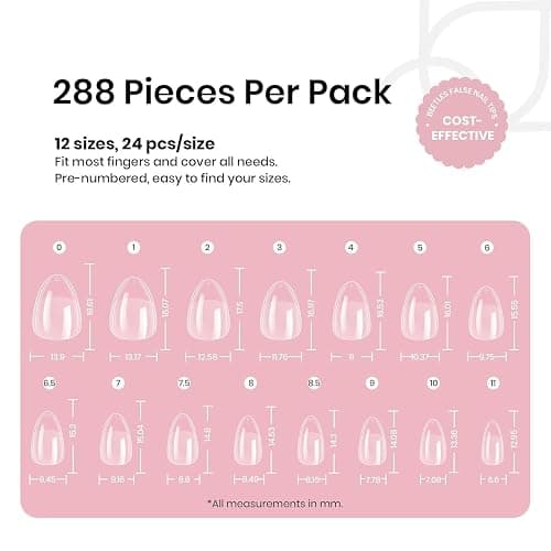 Beetles Extra Short Almond Nail Tips, 12 Sizes 288 PCS Pre-Shaped Clear Full Cover Etch Gel Nail Tips Clear Acrylic Nails Glue on Nails for Girls Women Nail Art Design,Nail Glue Needed thumbnail 8