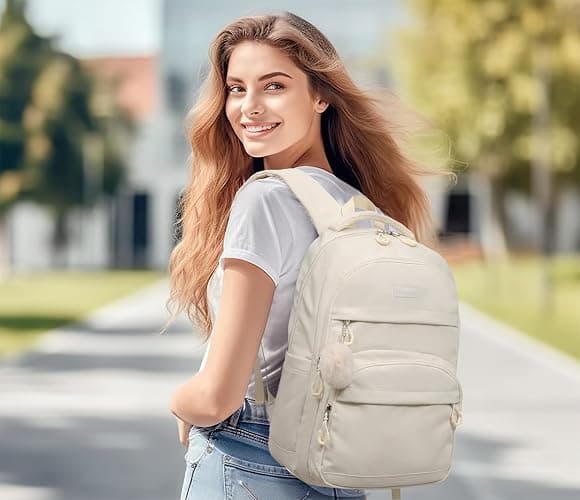 VANKANY Girls Backpack School Bag, Solid Backpack for Middle High School 15.6in Laptop Backpack with USB Charging Hole for Women, Aesthetic College Bookbag for Teens, Beige - Beige - 15.6in thumbnail 2