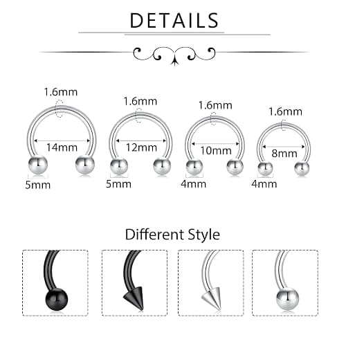 D.Bella 16G 14G Horseshoe Rings Surgical Steel Nose Septum Horseshoe Hoop Earring Eyebrow Tragus Lip Rings Daith Helix Piercing Jewelry for Women Men 6-12mm Smily Piercing Jewelry thumbnail 3