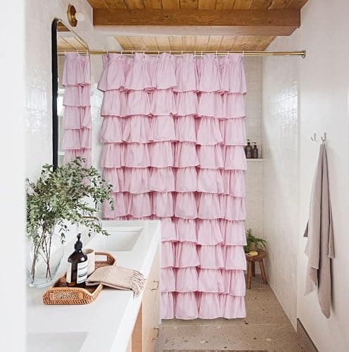 Volens Pink Ruffle Shower Curtain Farmhouse Rustic Fabric Cloth Shower Curtains for Bathroom, 72" x 72" thumbnail 4