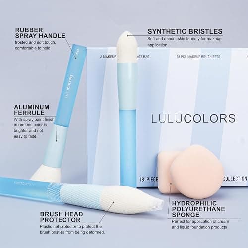 LULUCOLORS 18-Piece Light Blue Professional Makeup Brush Set – Translucent Rubberized Handles, Soft Synthetic Bristles for Face & Eye Makeup – Includes Travel Bag & Sponges,Complete Brush Collection thumbnail 3