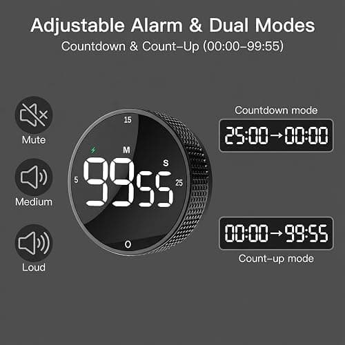 TLTWHS Rechargeable Magnetic Kitchen Timer, LED Countdown/Count-Up Timer, Supports USB-C Charging, with Loud Alarm, 3 Preset Quick Times (5/15/25m), Perfect for Kitchen Cooking, Studying, and Fitness thumbnail 6