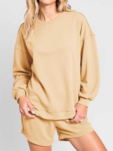Tankaneo Womens Oversized 2 Piece Outfits Sweatsuit Casual Long Sleeve Crewneck Sweatshirts Sweat Shorts Fall Lounge Sets thumbnail 2