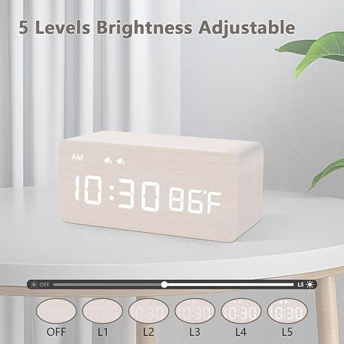 MOSITO Digital Wooden Alarm Clock with Wireless Charging, 0-100% Dimmer, Dual Alarm, Weekday/Weekend Mode, Snooze, Wood LED Clocks for Bedroom, Bedside, Desk, Kids (White) thumbnail 3