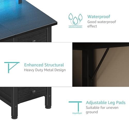 Lufeiya Black Gaming Desk with LED Lights and Power Outlets, 47 inch Computer Desk with Fabric Drawers and Storage Shelves, Home Office Desk with Monitor Stand, Black thumbnail 9