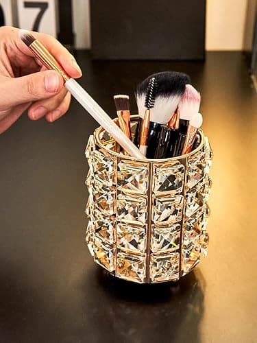JOSALINAS Golden Crystal Makeup Brushes Holder Organizer for Cosmetics Comb Brushes, Eyebrow Pen Pencil Storage Case Container, Golden thumbnail 6