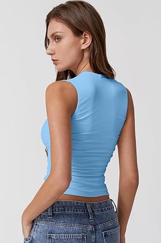 QINSEN Womens Square Neck Tank Tops Side Ruched Double Lined Slim Fit Summer Going Out Crop Top thumbnail 3