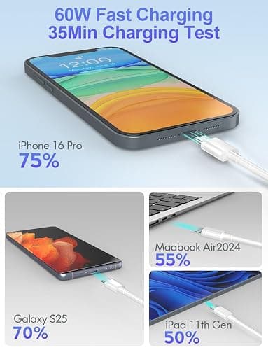 JIUWFOX USB C to USB C Cable, (3Pack, 3/6/10FT) for iPhone 17 16 15 Charger Cord, 60W C to C Cable Fast Charging for iPhone Air, 16/17 Pro, 16/17 Pro Max,16/15 Plus, iPad 10th Gen, iPad mini 7 thumbnail 3