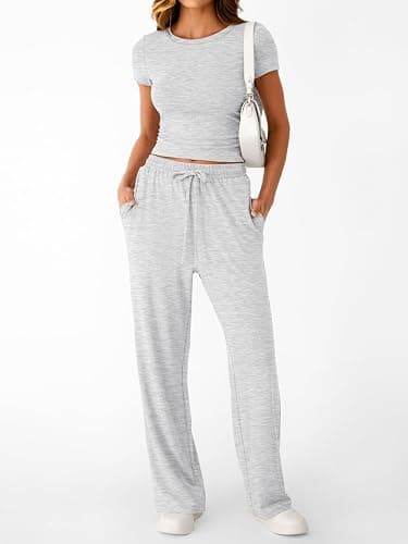 Trendy Queen 2 Piece Matching Summer Sweatsuit Lounge Set Womens Wide Leg Pants Side Ruching Crop Top Sets - Oatmeal Grey - Small thumbnail 2