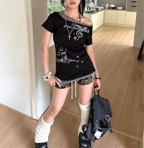 Y2k Aesthetics Grunge T Shirts Fake Two Piece Short Sleeve Graphic Tees 2000s Harajuku Punk Gothic Crop Tops Teens thumbnail 3