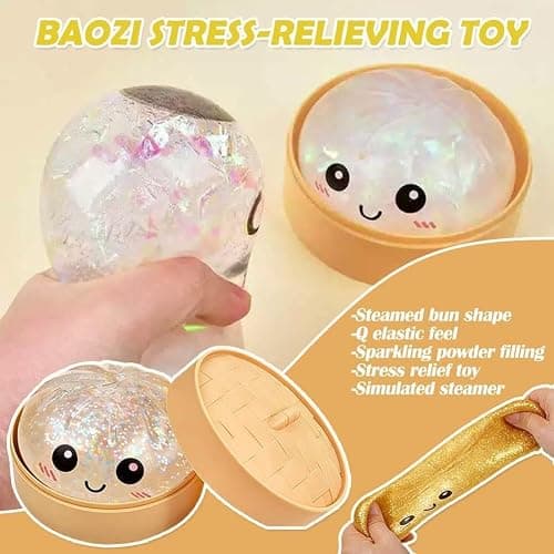 Dumpling Squishy, Glitter Mystery Dumplings Box, Squishy Dumpling Stress Relieving Toy, Soft Squeeze Decompression Dough, Interesting, with Food Steamer Stretchy Desk Toys (B-Purple) thumbnail 3